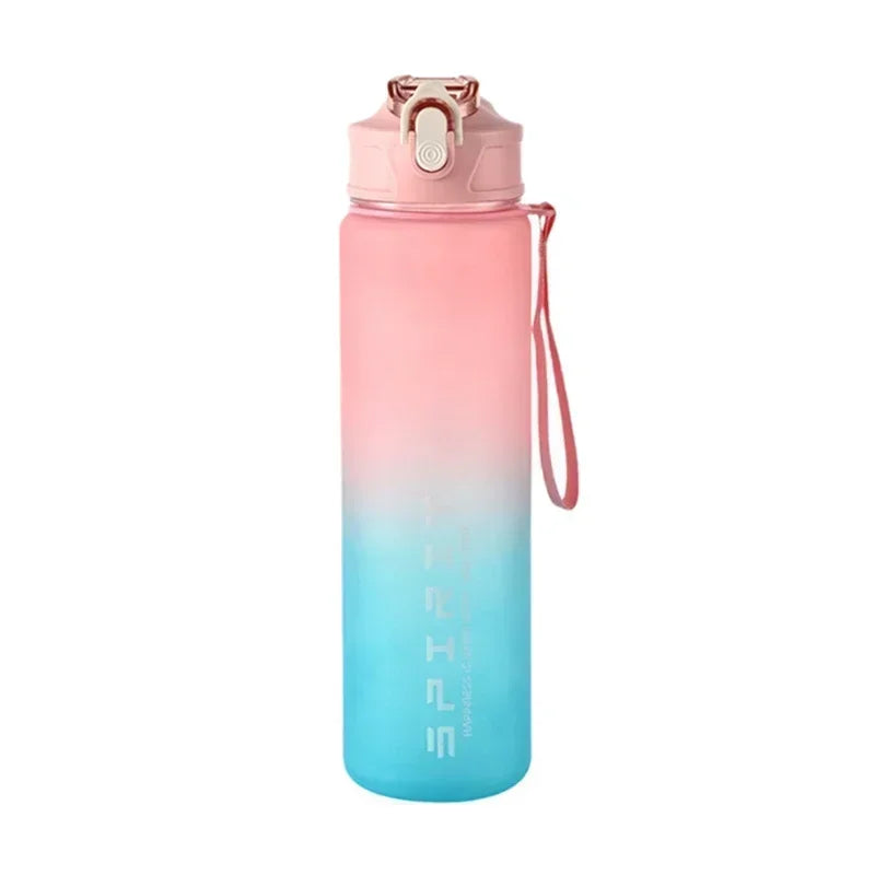 1pc Gradient Sports Water Bottle with Straw & Time Marker for Outdoor Fitness Hiking & Gym Leakproof Travel Water Bottle