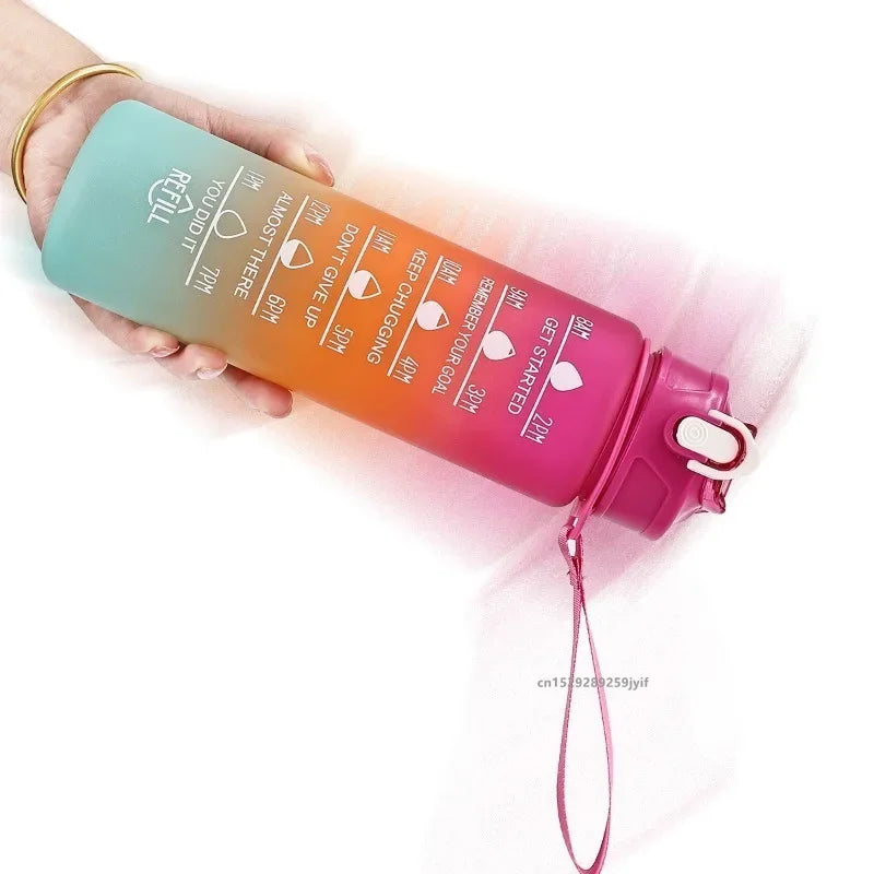 1pc Gradient Sports Water Bottle with Straw & Time Marker for Outdoor Fitness Hiking & Gym Leakproof Travel Water Bottle