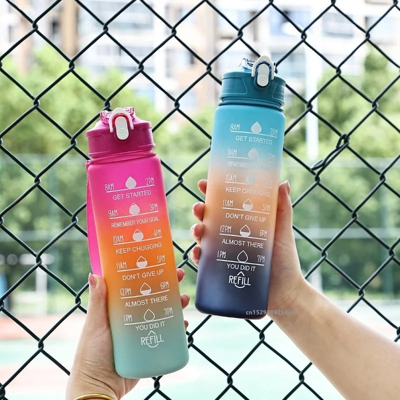 1pc Gradient Sports Water Bottle with Straw & Time Marker for Outdoor Fitness Hiking & Gym Leakproof Travel Water Bottle